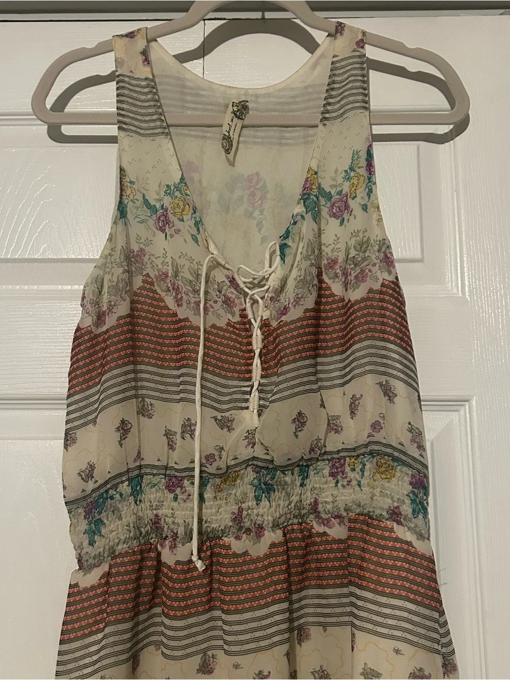 Vintage Free People Ivory Dress With Lace-Up Front And Floral Design All Over